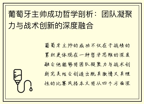 葡萄牙主帅成功哲学剖析：团队凝聚力与战术创新的深度融合