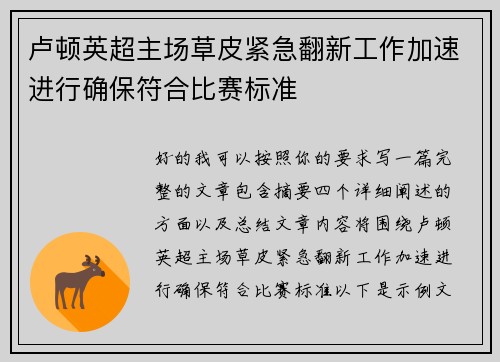 卢顿英超主场草皮紧急翻新工作加速进行确保符合比赛标准 卢顿英超主场草皮紧急翻新工作加速进行确保符合比赛标准